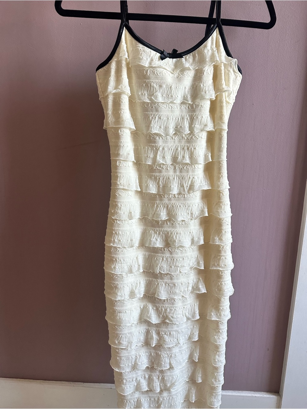Ivory Ruffle Slip Dress with Black Trim